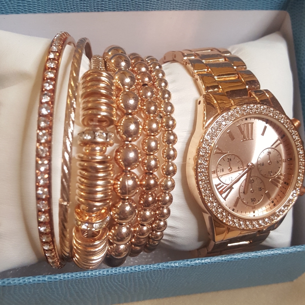 Rose gold watch bracelet set
